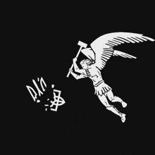 a black and white drawing of a man with wings holding a hammer and the word dio on the ground