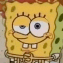 a close up of a cartoon character , spongebob squarepants , making a funny face with his eyes closed .