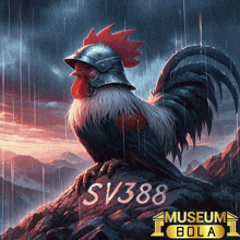 a rooster wearing a helmet sits on a rock with the numbers sv388 on it