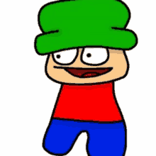 a cartoon character wearing a green hat , red shirt , and blue pants .