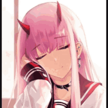 a girl with pink hair and red horns is sleeping