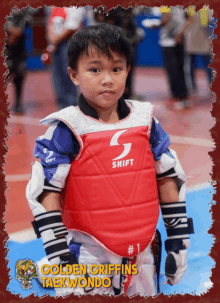 a young boy wearing a red shift vest stands in front of a sign that says golden griffins taekwondo