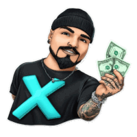 a man in a black shirt with the letter x on it is holding a dollar bill