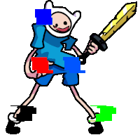 a cartoon of finn holding a sword with a glitch effect on his body