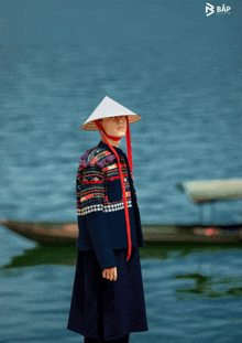 a person wearing a conical hat stands in front of a body of water with a boat in the background