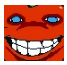 a pixel art of a smiling red face with blue eyes and teeth .