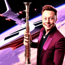 a man in a red suit is holding a clarinet in front of a plane