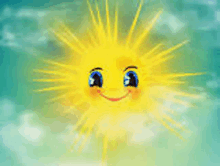 a cartoon sun with a smile on its face is shining in the sky .