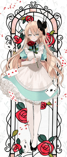 alice in wonderland holding a rose and playing cards