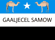 a blue white and black flag with two camels and the words gaaljecel samow