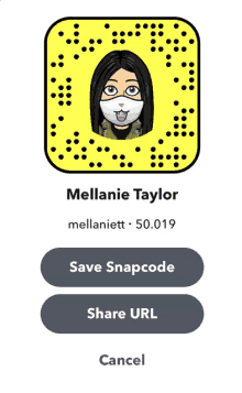 a snapchat profile for melanie taylor with a picture of a woman wearing a mask