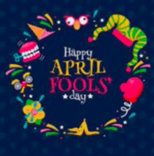 a happy april fools day greeting card with a wreath of colorful objects