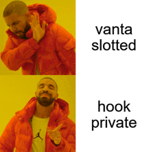 a man in an orange jacket is making a funny face with the words vanta slotted hook private below him