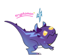 a cartoon drawing of a purple dinosaur with kryptomon written on it