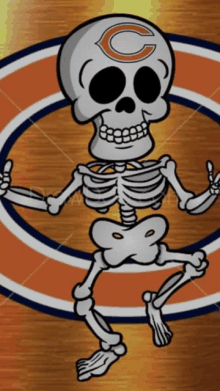 a cartoon skeleton with a chicago bears logo on his head