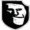 a black and white shield with a man 's face on it .