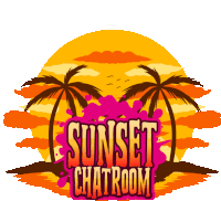 a logo for sunset chatroom with palm trees and a sunset