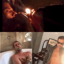 a man is smoking a cigarette in a bathtub and another man is taking a picture of himself