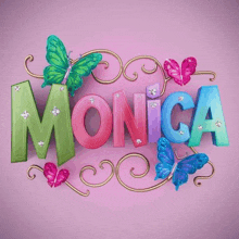 the name monica is surrounded by colorful butterflies