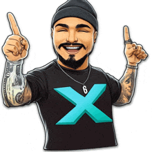 a man in a black shirt with a blue x on it