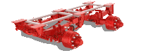 a model of a red vehicle with wheels and a white background