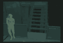 a naked man is standing in front of a staircase