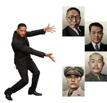 a man in a suit is dancing in front of a collage of pictures of asian men