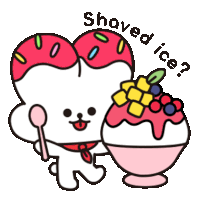 a cartoon character holding a spoon next to a shaved ice