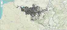 a map of belgium shows a lot of dots in the middle