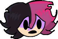 a cartoon drawing of a girl with pink and black hair and a surprised look on her face