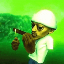 a cartoon character is smoking a cigar and holding a lighter .