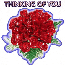 a bouquet of red roses with the words " thinking of you " above it