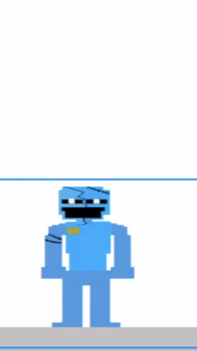 a pixel art of a blue robot with a yellow badge