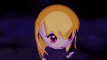 a cartoon girl with blonde hair and red eyes is standing in a dark room