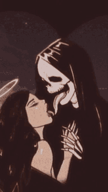 a cartoon of a woman kissing a grim reaper with his tongue sticking out