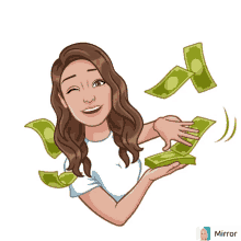 a cartoon of a woman holding a bunch of money with the word mirror on the bottom