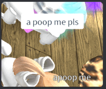 a poop me pls is written on a wooden floor