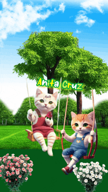 two cats are sitting on swings under a tree with the name anita cruz on the bottom