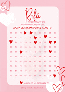 a pink and white calendar with red hearts and the word rifa at the top