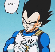 a cartoon drawing of vegeta with a speech bubble that says tch