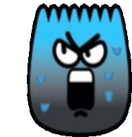 a blue and black cartoon character with an angry expression on its face