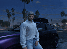 a man wearing glasses stands next to a car with a roof box on top of it