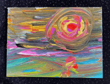 a colorful painting of a swirl with a red center on a black background