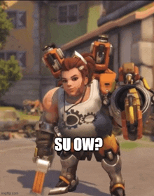 a cartoon character with a gun and the words `` su ow '' on the bottom .