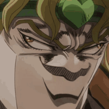 a close up of dio 's face with a heart on his head .