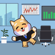 a cartoon dog in a suit and tie dancing in front of a graph