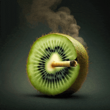 a kiwi with a cigarette sticking out of the middle