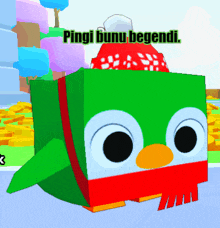 a green penguin wearing a red hat and scarf with the words " pingi bunu begeni " above it