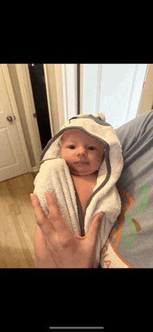 a person is holding a baby wrapped in a towel that says georgia