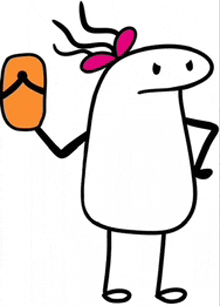 a stick figure girl with a pink bow on her head is holding a pair of flip flops .